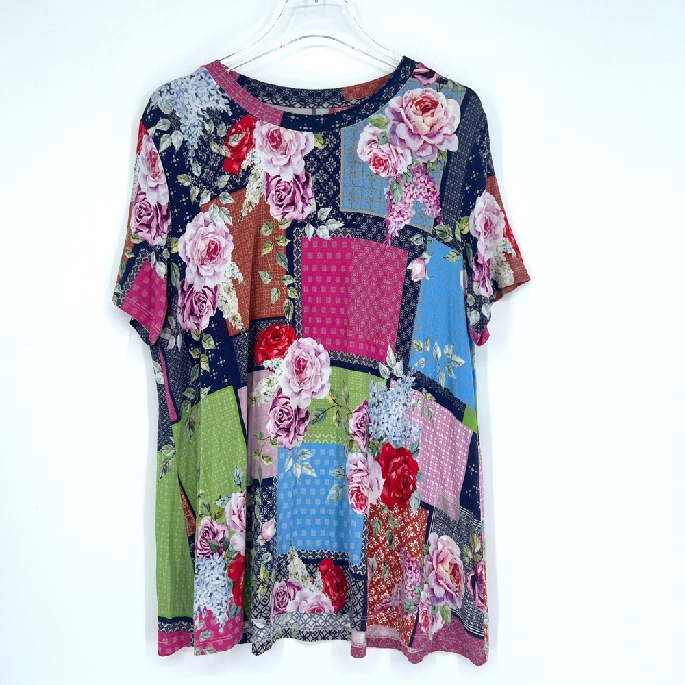 Johnny Was Top Womens L/XL Rose Floral Patchwork Swing‎ Janie TShirt Tee